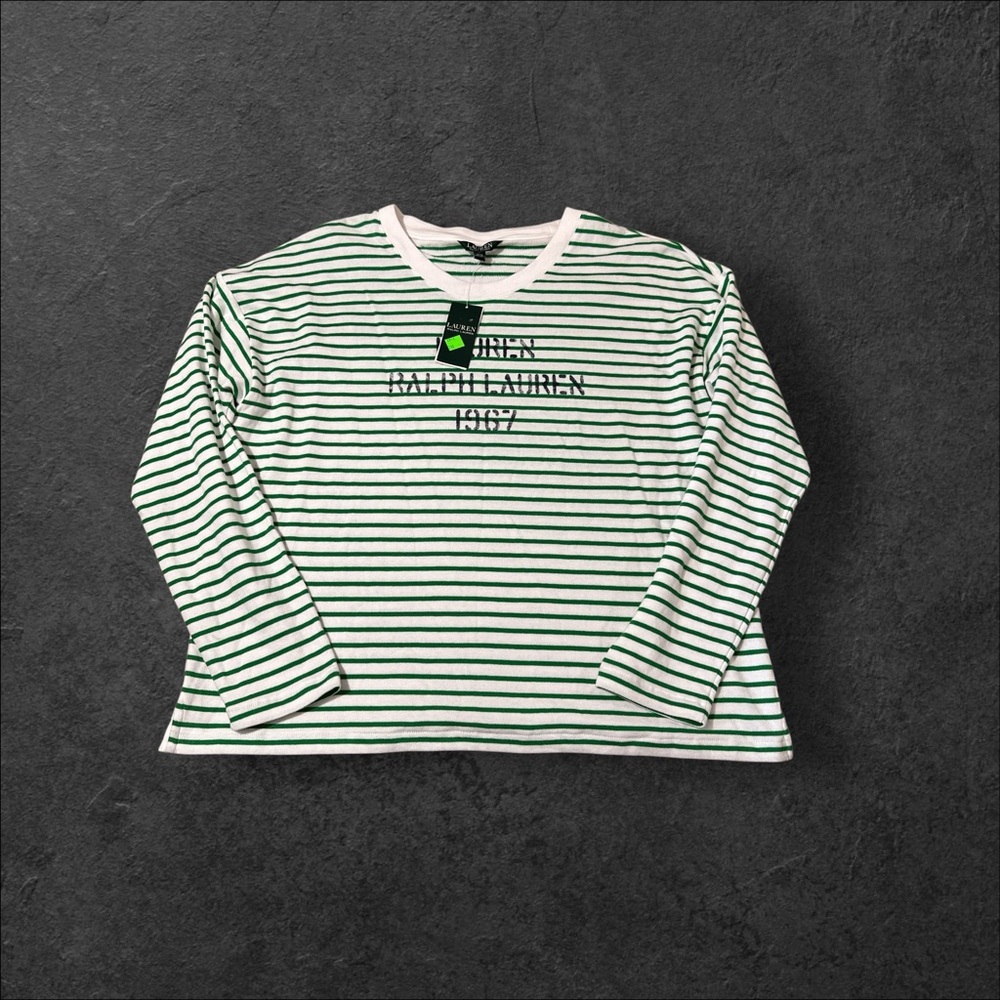 Lauren Ralph Lauren Sweater Womens Size XL Green Striped Logo Spell Out 1967
